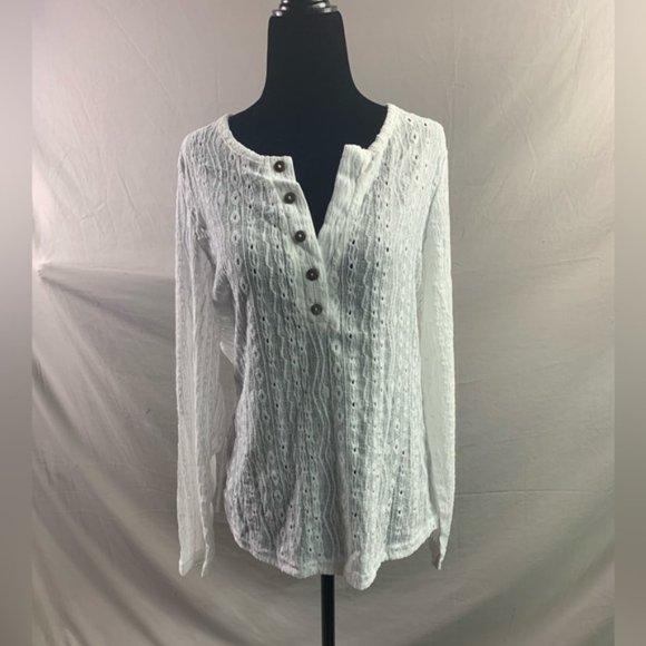 White Eyelet Embroidery Half Button Front Tee - Picture 7 of 7